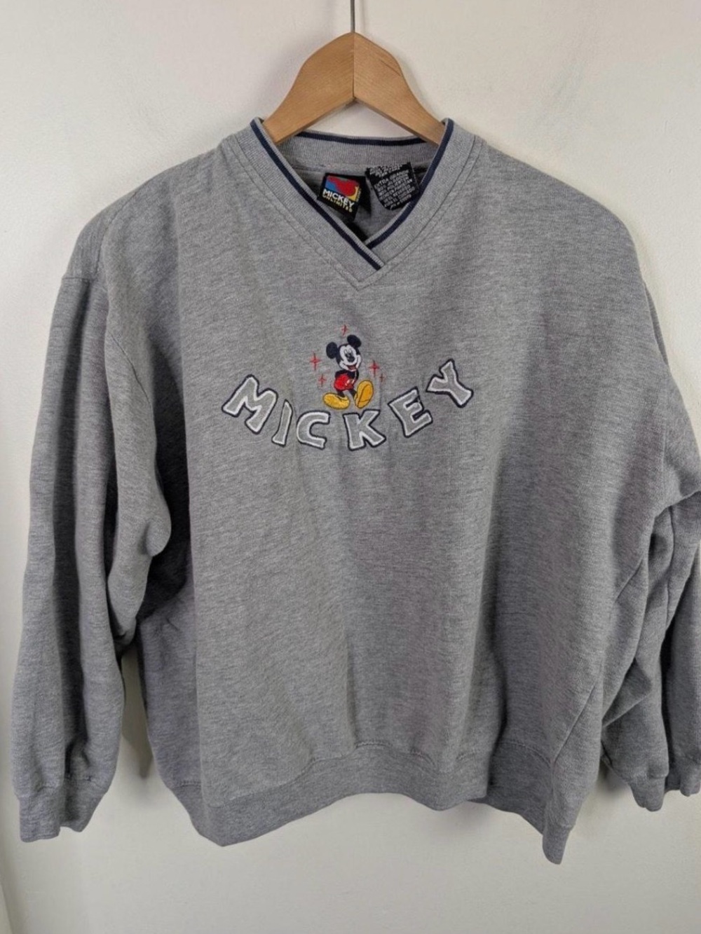 Vintage Disney Mickey Embroidered Grey V-Neck Sweatshirt